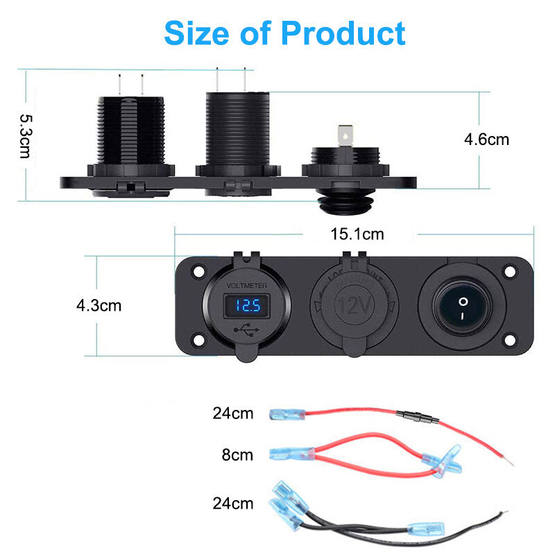 12V 3 in 1 Car Charger Socket Waterproof Dual USB QC3.0 Outlet Panel Toggle Switch Voltmeter for RV Marine Boat