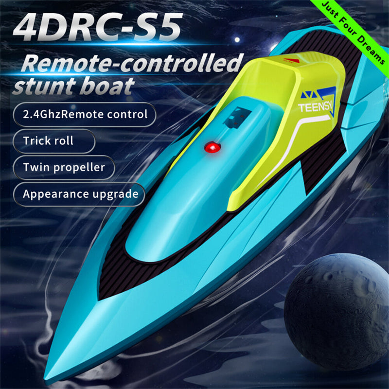 4DRC S5 RTR 2.4G RC Boat Mini Speedboat Dual Motors One-Key Capsized Reset Waterproof LED Light Racing Remote Control Stunt Vehicles Models Twin Propeller Toys