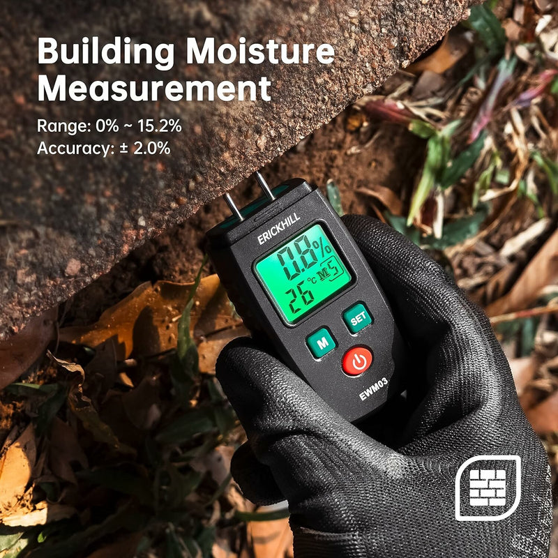 ERICKHILL EWM03 Compact Wood Moisture Meter Accurate Portable with Multifunction Capabilities Measures Wood Firewood Brick and Paper With Backlit LCD Display Auto Power Off and Data Hold
