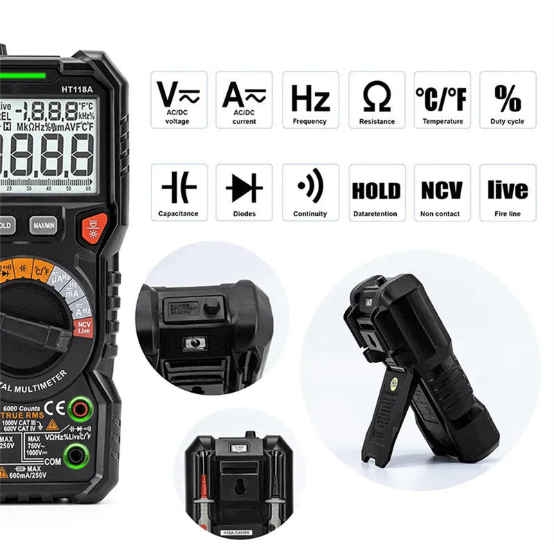 EU/US Direct KAIWEETS HT118A Digital AC/DC Multimeter TRMS 6000 Counts True RMS with Flashlight and Safety Features Best for Household and Automotive Testing