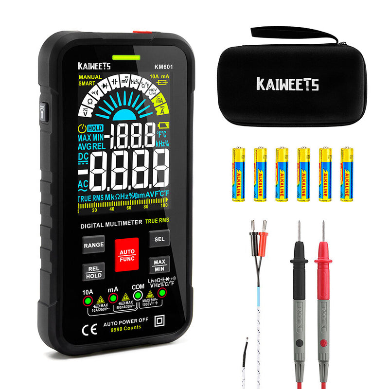 EU/US Direct KAIWEETS KM601 Digital Multimeter Smart & Manual Mode Large 3.54-inch Display Fuse Overload Protection Real-Time Temperature Measurement Best for Electrical Testing