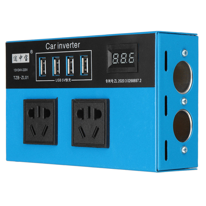 Car Power Inveter DC 12V/24V to AC 220V with 2 AC Outlets 4 USB Fast Charge Small Portable Digital Display