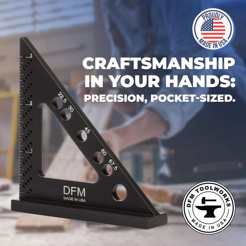 DFM Small Carpenters Square Work Tools w/Fixed Miter Angle Pin - Precision Woodworking Speed Square - 3.5" x 3.75" Size for Pocket 1/16" Scribe Holes 5 x 1/4" Pin Holes - Made in USA - English Blue