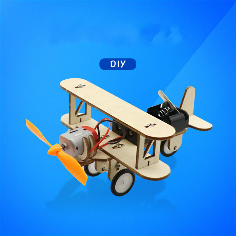 DIY Electric Taxiing Aircraft Model Toys Wooden plane Dual Motor Biplane for Children Small Inventions Scientific Experiments Gift Kids Assembled