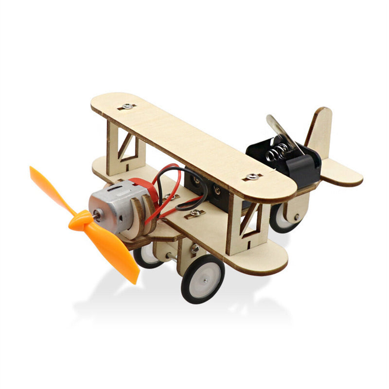 DIY Electric Taxiing Aircraft Model Toys Wooden plane Dual Motor Biplane for Children Small Inventions Scientific Experiments Gift Kids Assembled