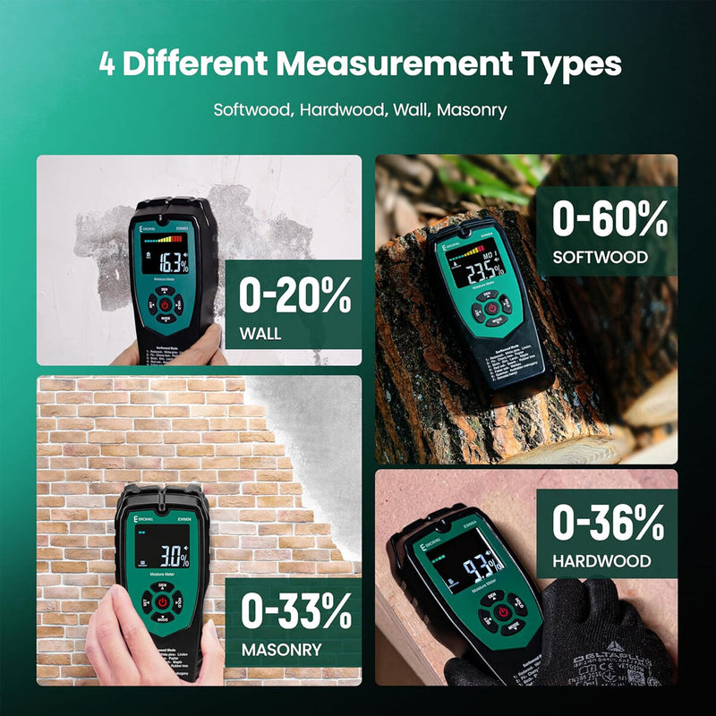 ERICKHILL EWM04 Wood Moisture Meter Non-Invasive Measurement with Humidity Alert Four Testing Modes Wide Measuring Range High Accuracy Ideal for Drywall Masonry Soft/Hard Wood Moisture Testing