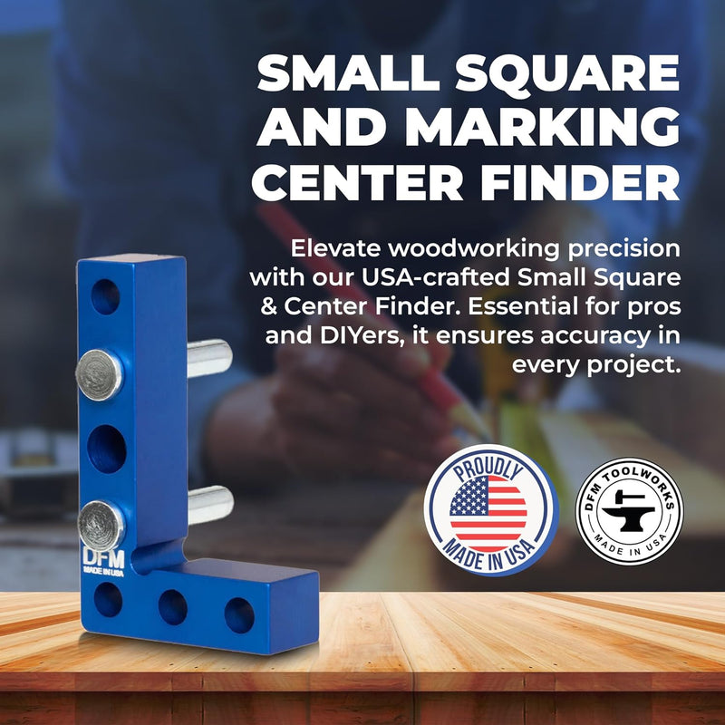 Small Square and Center Finder - Mini Square Tool with 11/32" Center Marking Hole Woodworking, Carpenter Engineering Square, Center Marking Tool, Made in USA - Blue