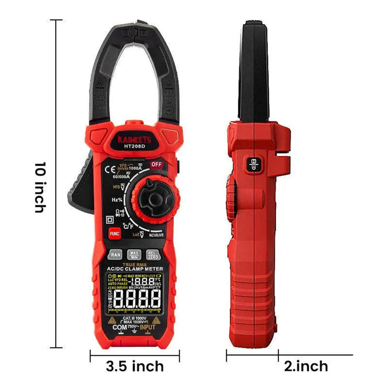 EU US Direct KAIWEETS HT208D Inrush Clamp Meter T-RMS 6000 Counts AC/DC 1000V True RMS Precision NCV Detection LED Flashlight Best Multimeter for Labs and Industries