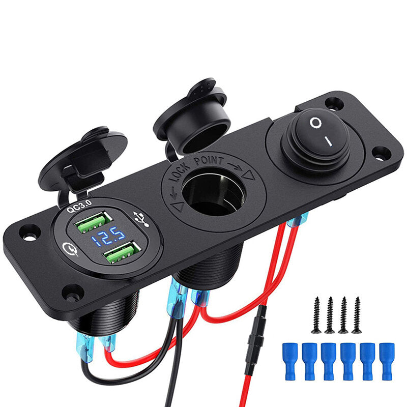 12V 3 in 1 Car Charger Socket Waterproof Dual USB QC3.0 Outlet Panel Toggle Switch Voltmeter for RV Marine Boat