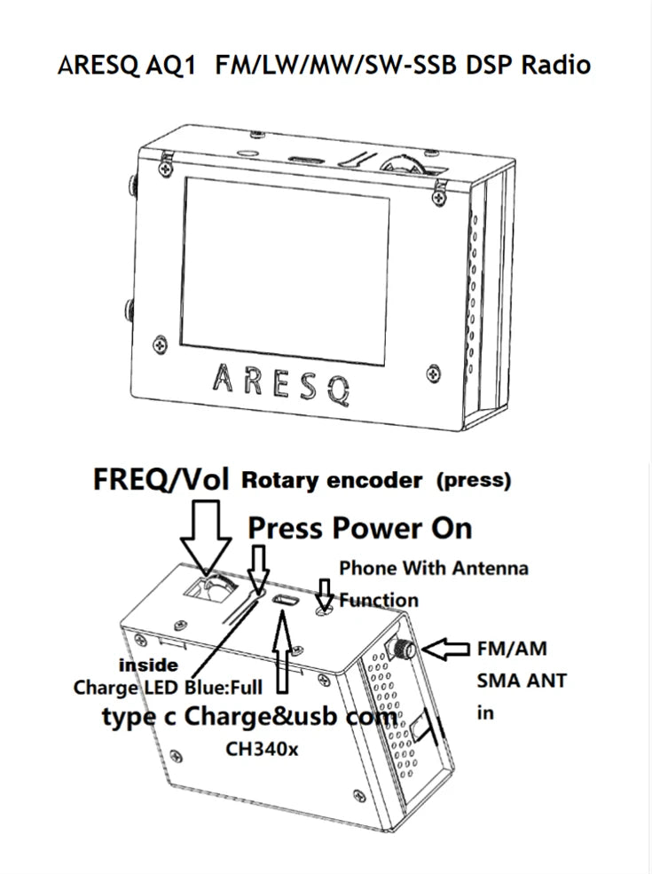 HAMGEEK ARESQ AQ1 Mini Full Band Radio Receiver FM AM LW MW SW-SSB DSP LSB Si4732 with 2.8" Touch Screen + Battery Antenna