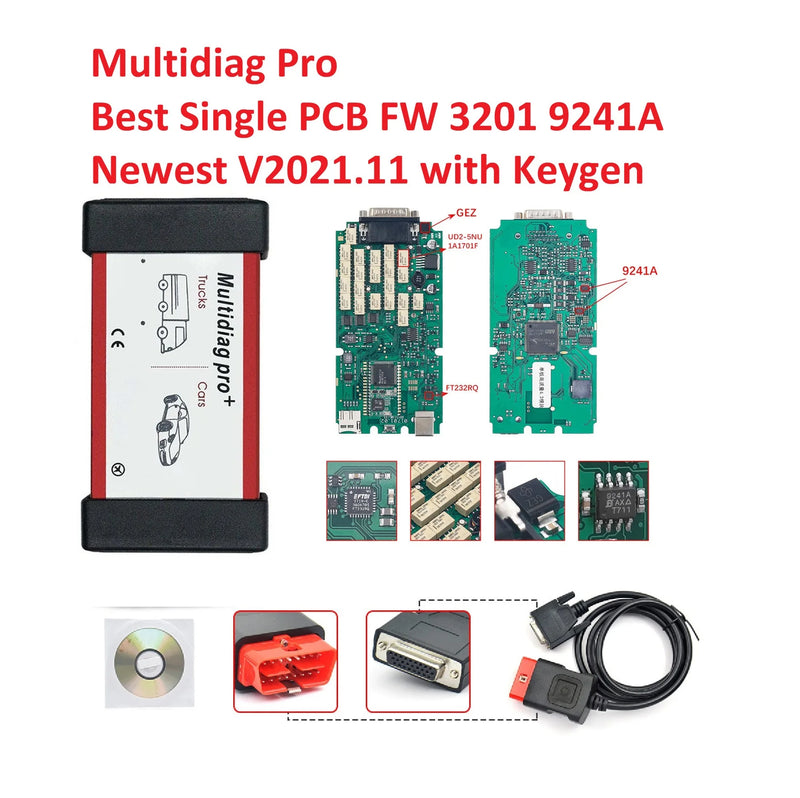 High Quality Single PCB Multidiag Pro V4.3 Bluetooth Car Truck Scanner TCS PRO 9241A FT232RQ Chip OBDII Diagnostic Tool