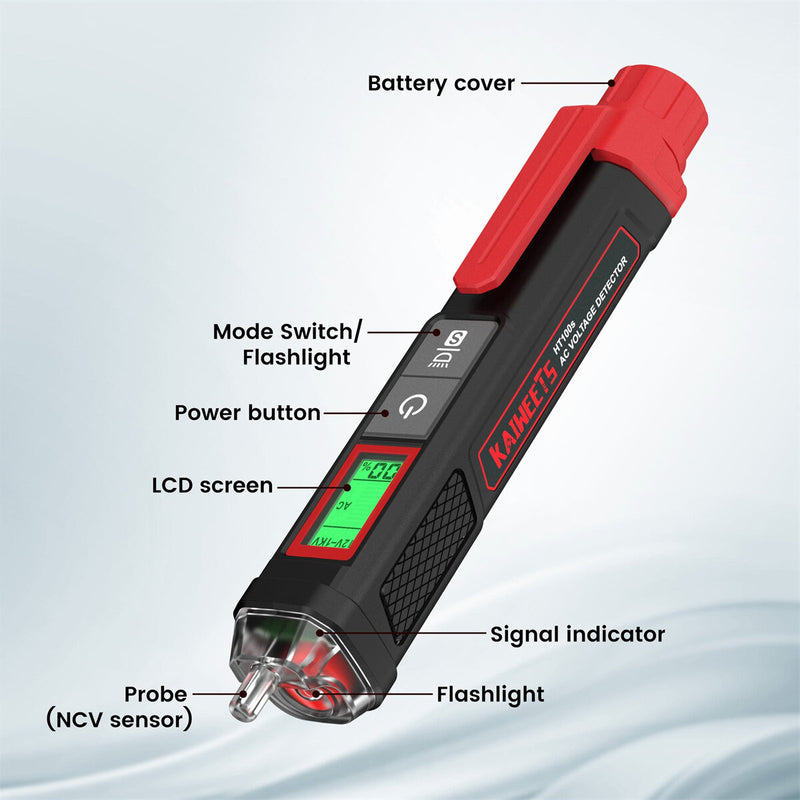 EU US Direct KAIWEETS HT100S Non-Contact Voltage Tester Pen Dual Range 12-1000V AC / 70-1000V AC CAT III 1000V IV 600V Safety Rated with LED Flashlight Low Power Indicator Automatic Power Off Features