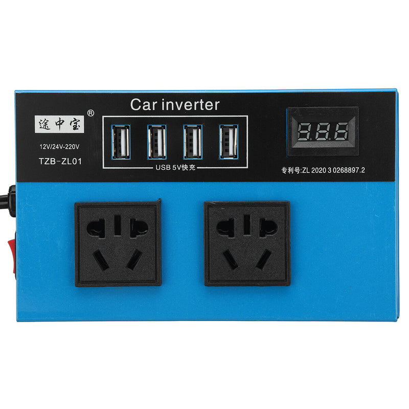 Car Power Inveter DC 12V/24V to AC 220V with 2 AC Outlets 4 USB Fast Charge Small Portable Digital Display