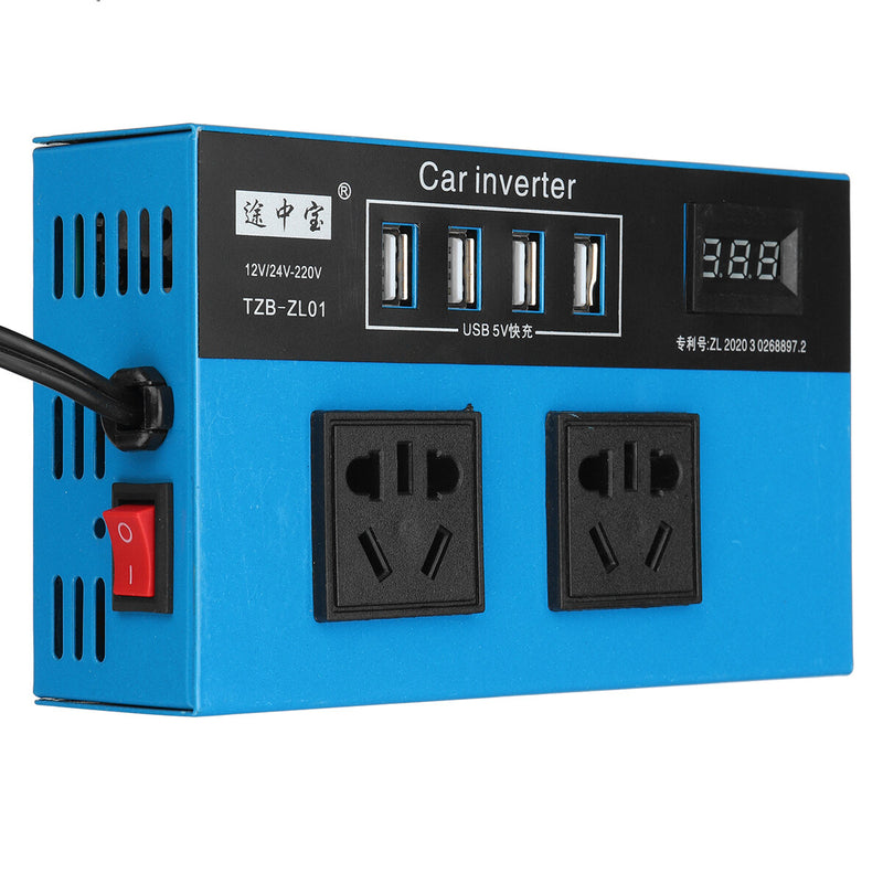 Car Power Inveter DC 12V/24V to AC 220V with 2 AC Outlets 4 USB Fast Charge Small Portable Digital Display