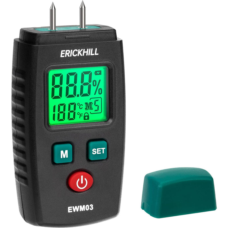 ERICKHILL EWM03 Compact Wood Moisture Meter Accurate Portable with Multifunction Capabilities Measures Wood Firewood Brick and Paper With Backlit LCD Display Auto Power Off and Data Hold