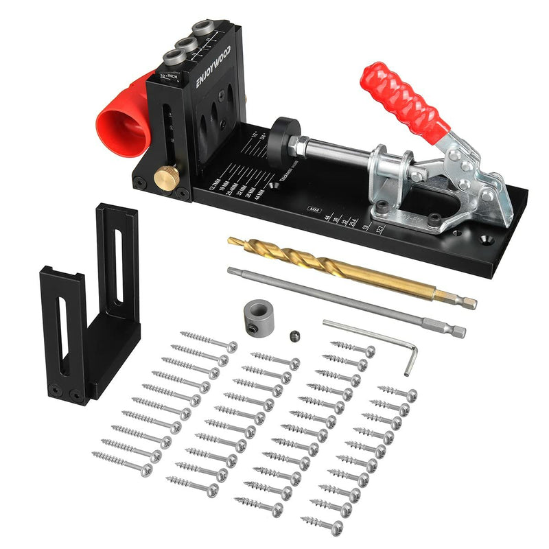 ENJOYWOOD XK4S PRO Pocket Hole Jig with Stabilizing Bar Stop Block Aluminum Alloy Woodworking Drill Guide for DIY Carpentry Projects