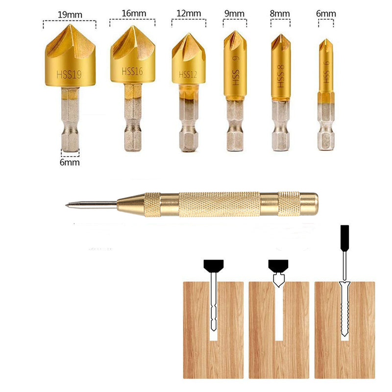 Drillpro 23Pcs Woodworking Chamfer Countersink Drill Bit Set 6Pcs 1/4 Inch Hexagon 5 Flute 90 Degree Countersink Drill Bits 7Pcs Three Pointed Countersink Drill Bit 8Pcs Wood Plug Cutter and Automatic