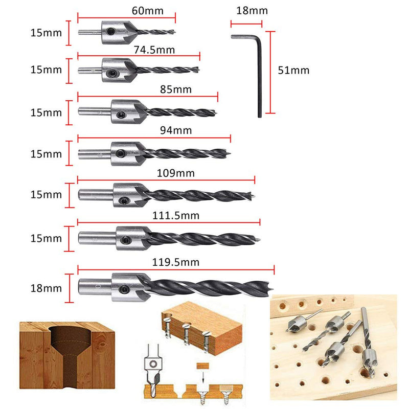 Drillpro 23Pcs Woodworking Chamfer Countersink Drill Bit Set 6Pcs 1/4 Inch Hexagon 5 Flute 90 Degree Countersink Drill Bits 7Pcs Three Pointed Countersink Drill Bit 8Pcs Wood Plug Cutter and Automatic