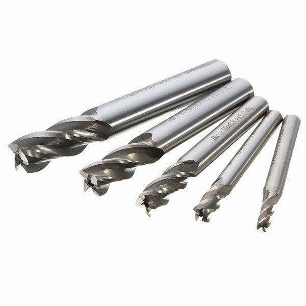 Drillpro DB-M2 5pcs 4/6/8/10/12mm 4 Flute End Mill Cutter HSS Straight Shank Drill Bits