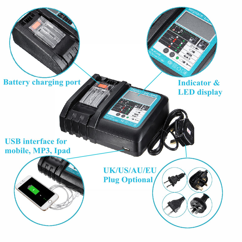 DC18RC Fast Lithium-Ion USB Battery Charger LED Display BL1830 BL1840 BL1850 for 14.4V 18V MakIta Battery