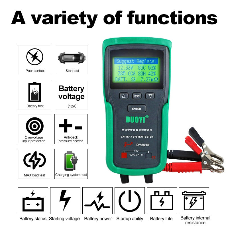 DUOYI DY2015 12V Car Battery System Tester Capacity Maximum Electronic load Battery Cranking Charge Test Digital Diagnostic Tool