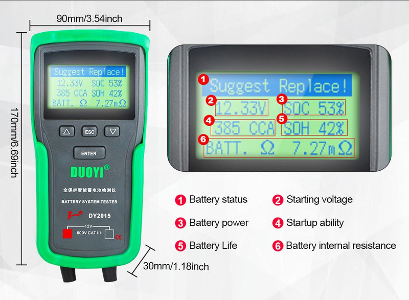 DUOYI DY2015 12V Car Battery System Tester Capacity Maximum Electronic load Battery Cranking Charge Test Digital Diagnostic Tool