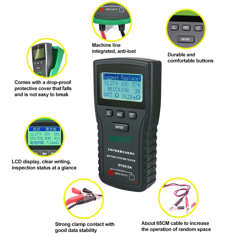 DUOYI DY2015A 12V 24V Car Battery Tester Tool Lead Acid 2000CCA Voltage Load Battery Charge Test Digital Battery Capacity Tester