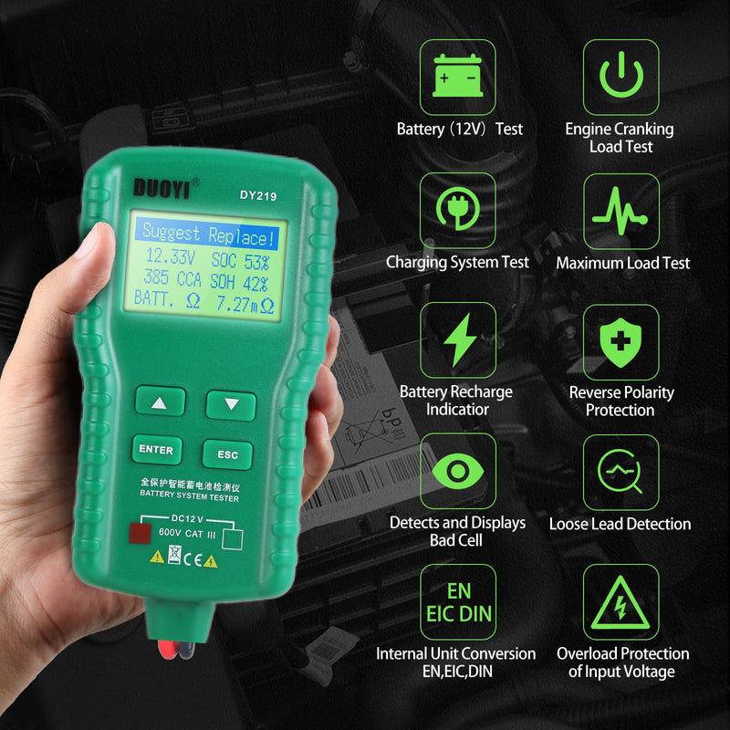 DUOYI DY219 12V Car Battery Tester 100~ 1700CCA  Digital Automotive Analyzer Lead Acid Battery Multifunction Diagnostic Tool