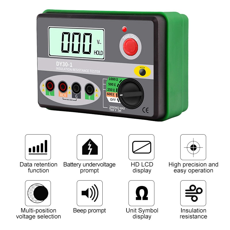 DUOYI DY30-1 Digital Insulation Resistance Tester Meter 2000M 0hm 250V 500V 1000V Megohmmeter Voltmeter Car Circuit Test Repair