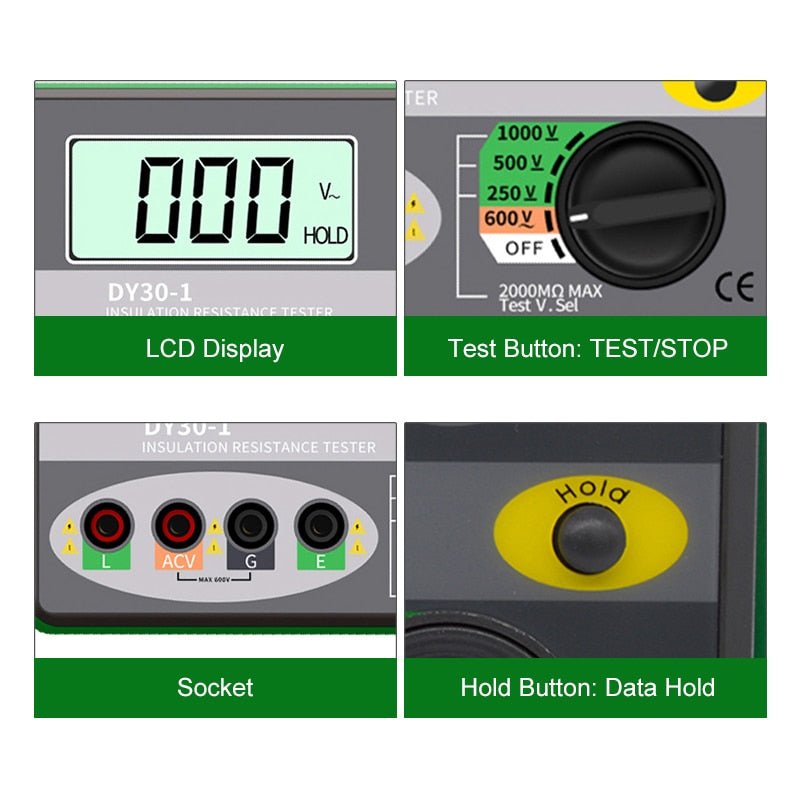 DUOYI DY30-1 Digital Insulation Resistance Tester Meter 2000M 0hm 250V 500V 1000V Megohmmeter Voltmeter Car Circuit Test Repair