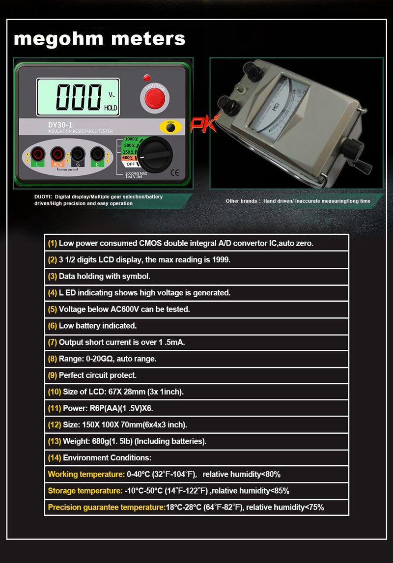 DUOYI DY30-1 Digital Insulation Resistance Tester Meter 2000M 0hm 250V 500V 1000V Megohmmeter Voltmeter Car Circuit Test Repair