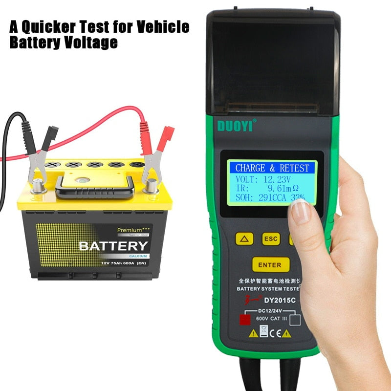 DUOYI DY2015C Car Battery Tester 12V 24V Lead-acid Analyzer Auto CCA 100-1700 SOH Integrated Printer Portable Measurement Unit