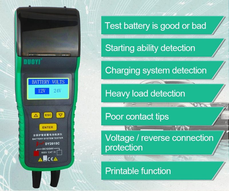 DUOYI DY2015C Car Battery Tester 12V 24V Lead-acid Analyzer Auto CCA 100-1700 SOH Integrated Printer Portable Measurement Unit