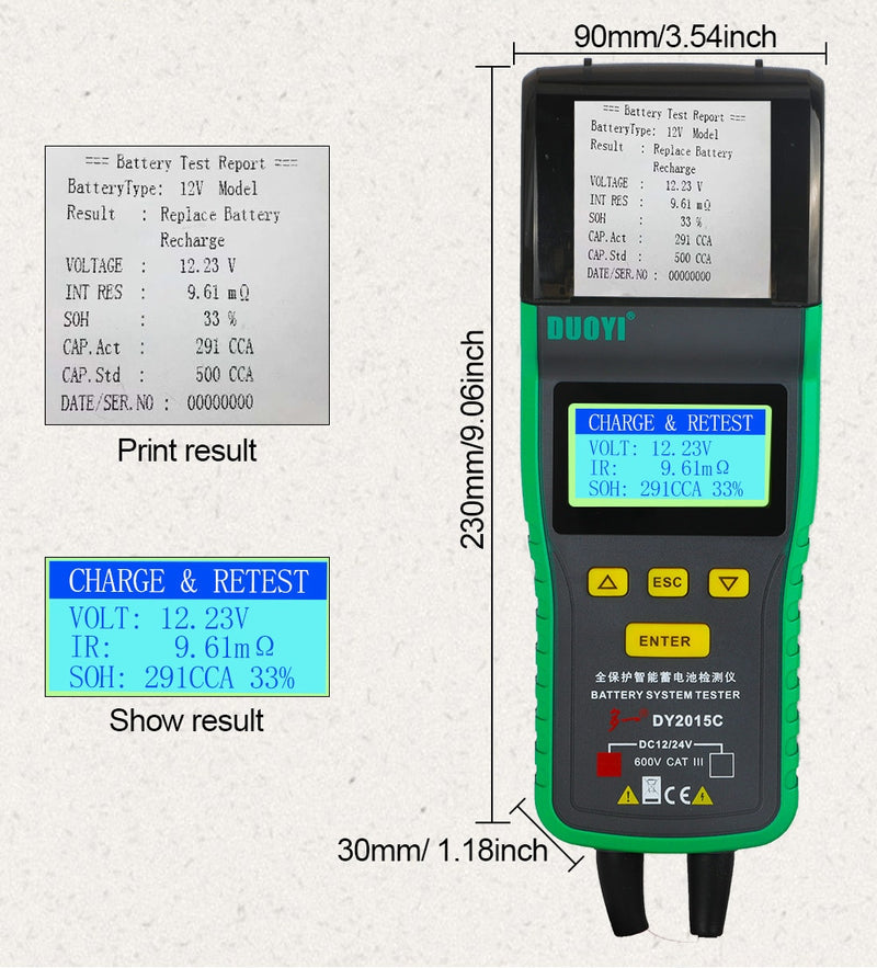 DUOYI DY2015C Car Battery Tester 12V 24V Lead-acid Analyzer Auto CCA 100-1700 SOH Integrated Printer Portable Measurement Unit